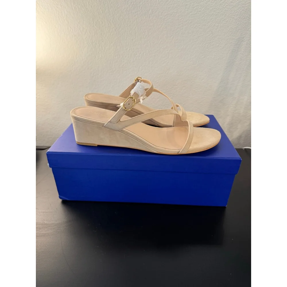 Women's Stuart‎ Weitzman Golden Beige Suede Wedge Sandals Size 10.5 - Picture 5 of 10